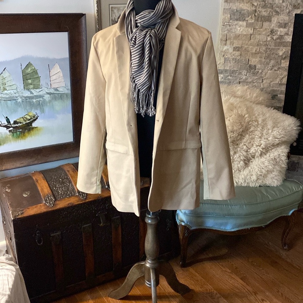 Tan Blazer with Striped Scarf